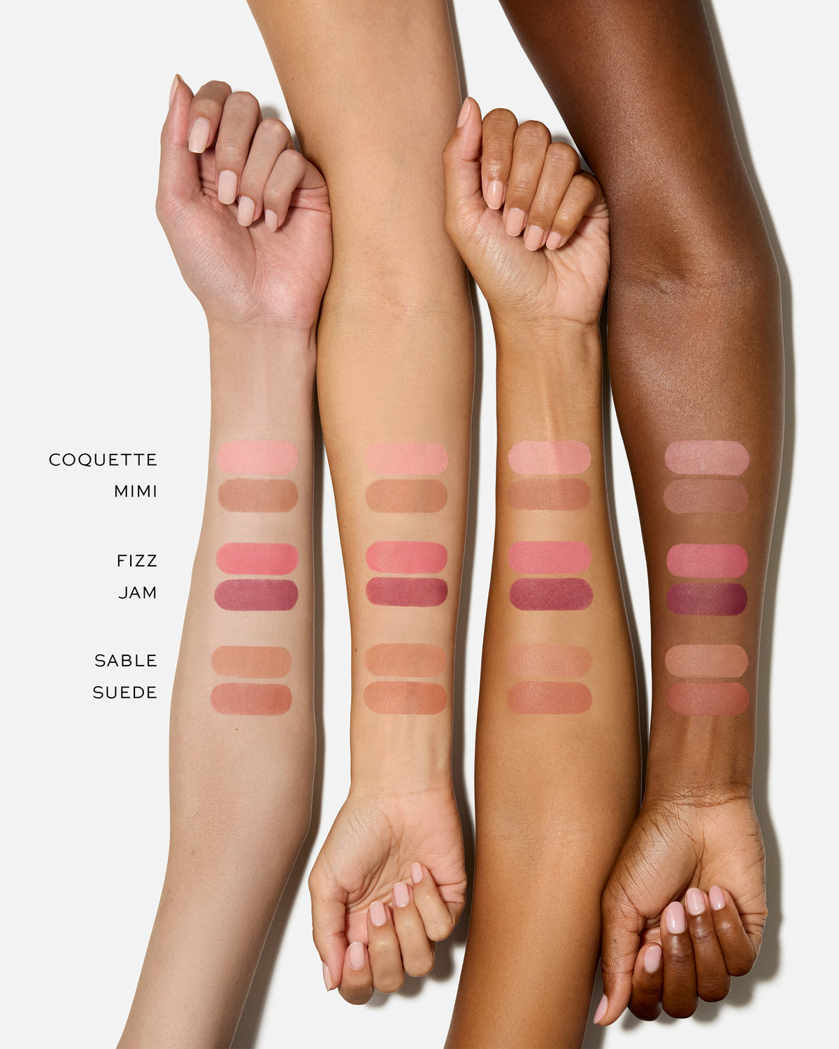 Arm swatches of all shades in the Baby Cheeks Powder Blush Duos.