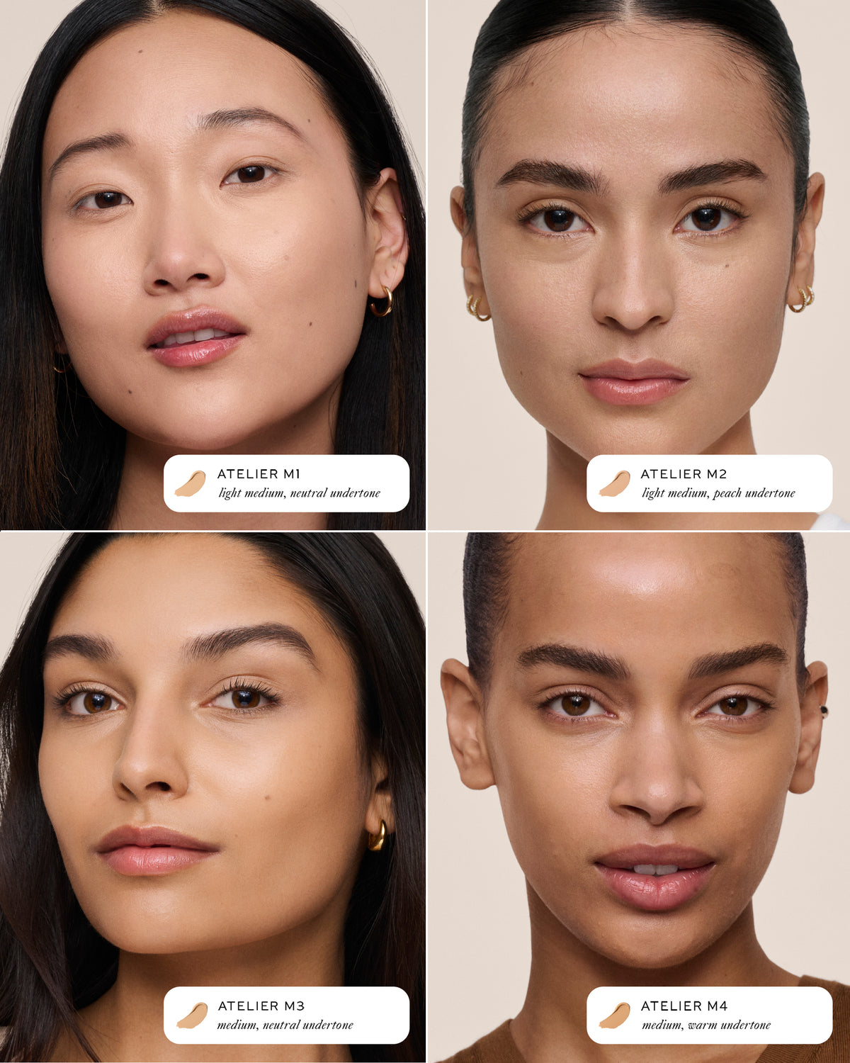 Vital Skincare Concealer shades M1-M4 on models.