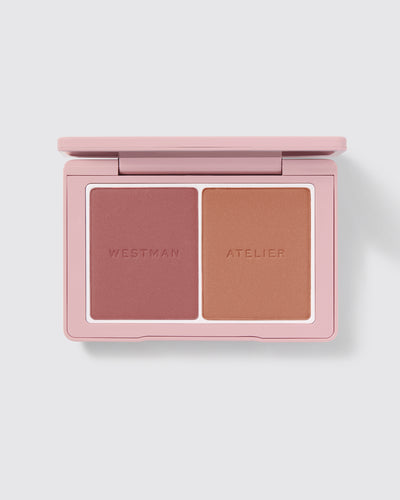 Powder Duos palette open showing the Suede / Sable shades.