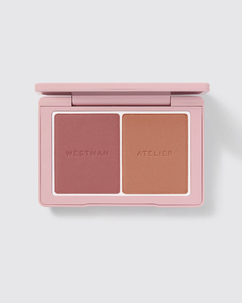 Powder Duos palette open showing the Suede / Sable shades.