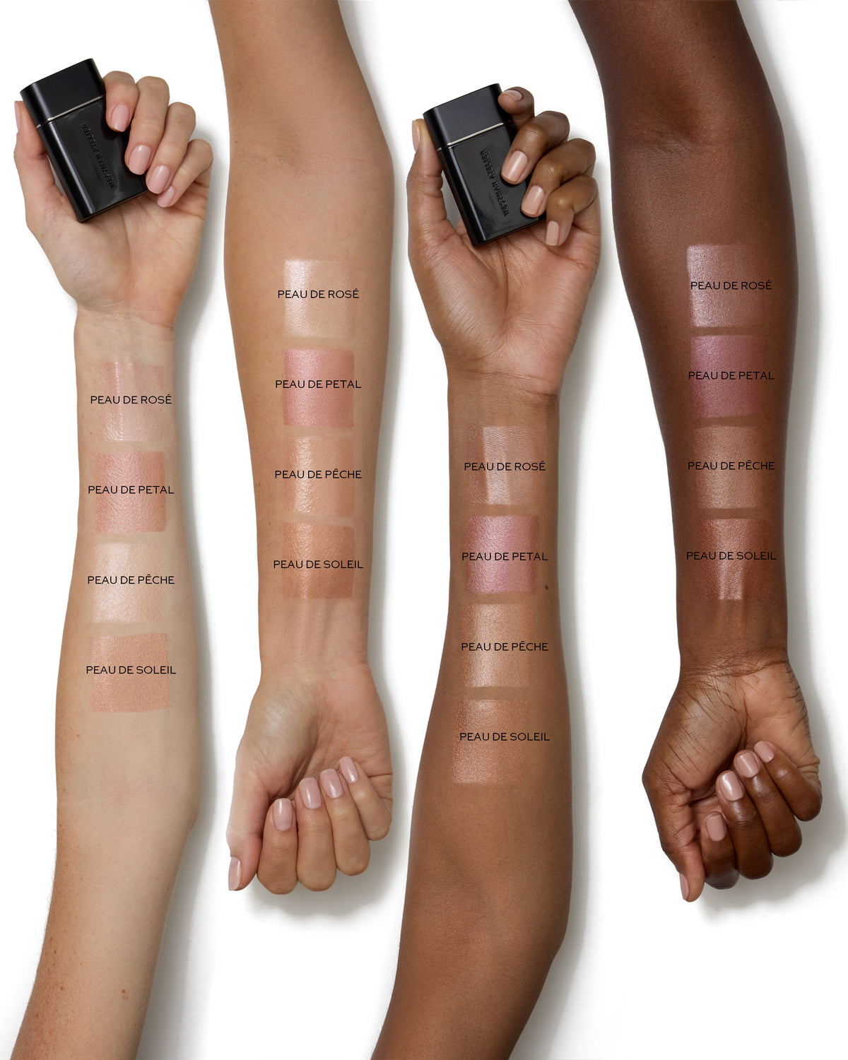 Swatch comparison of makeup products on different skin tones