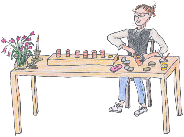 Illustration of Gucci at a work table testing makeup samples