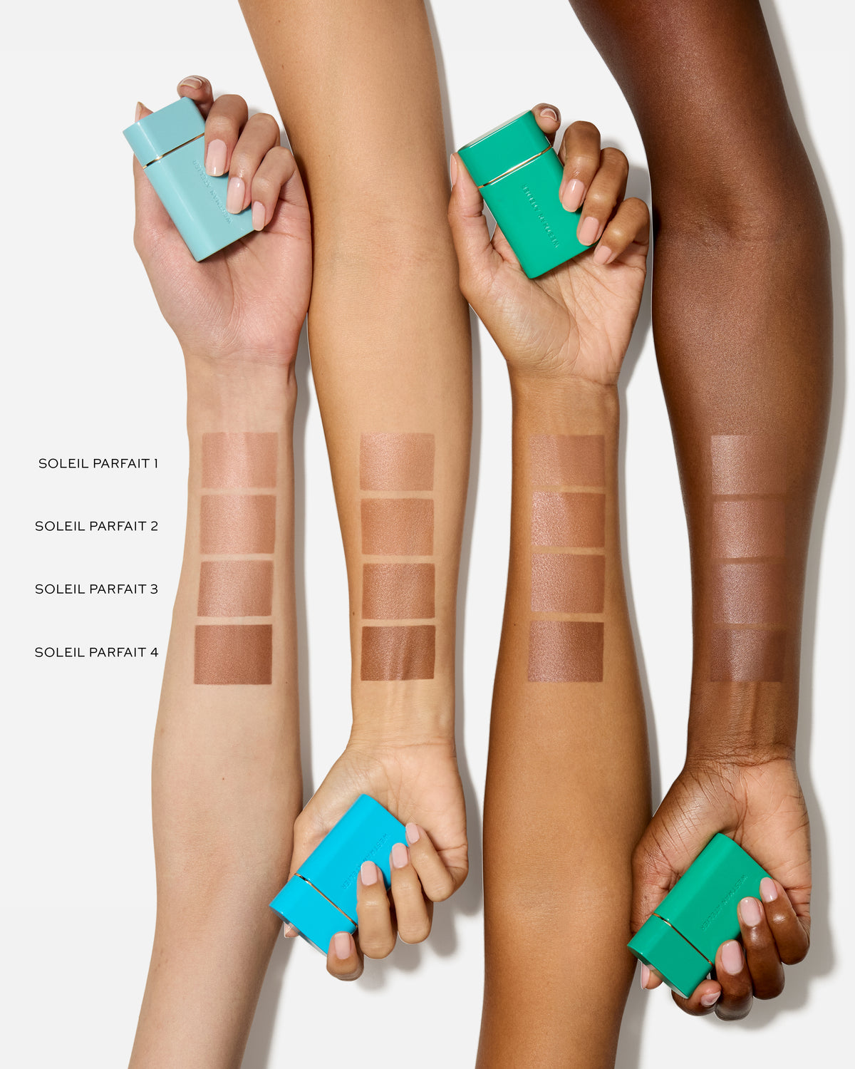 Arm swatches of the four Sun Tones Bronzing Drop shades on four different skin tones against a white background. 