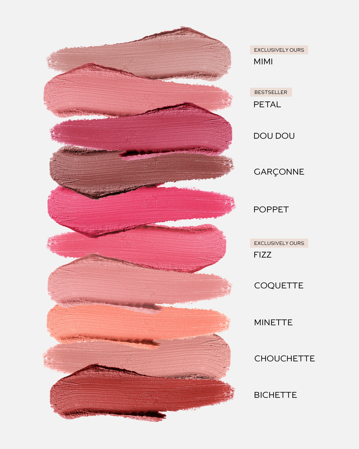 Color swatches of lipstick shades with names on a white background.