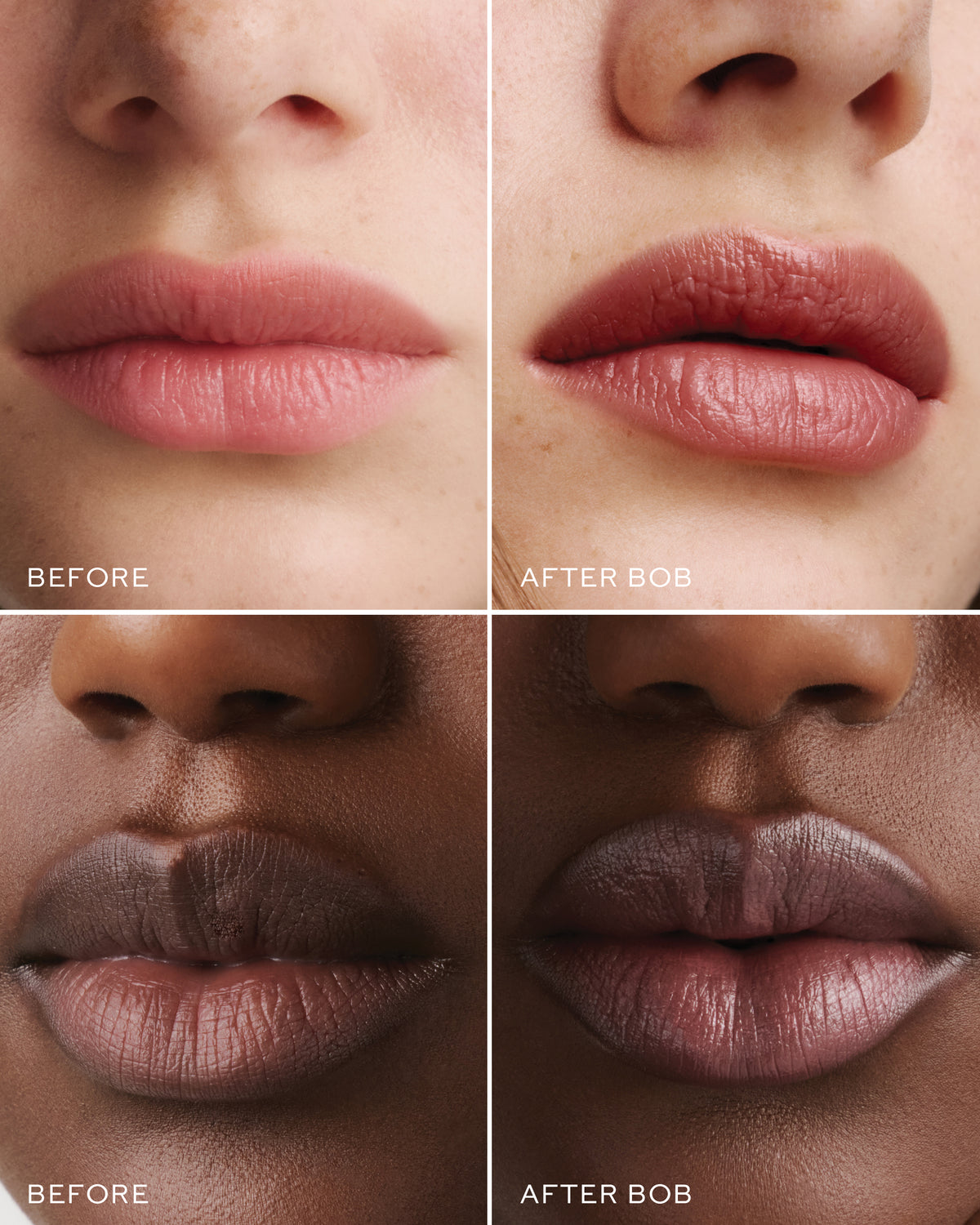 Before and after comparison of HydroBalm in Bob on different skin tones.