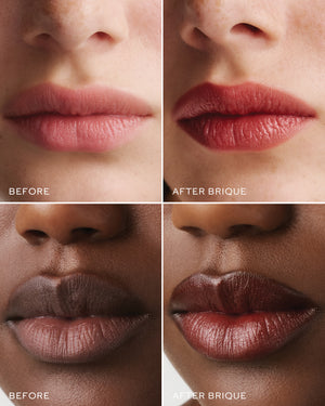 Before and after comparison of lips with a lipstick shade labeled 'Brique'.