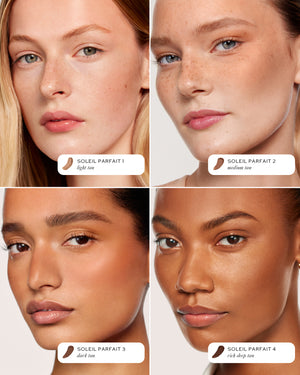 Grid image showing four models with different skin tones wearing each shade of Sun Tone Bronzing Drops. 