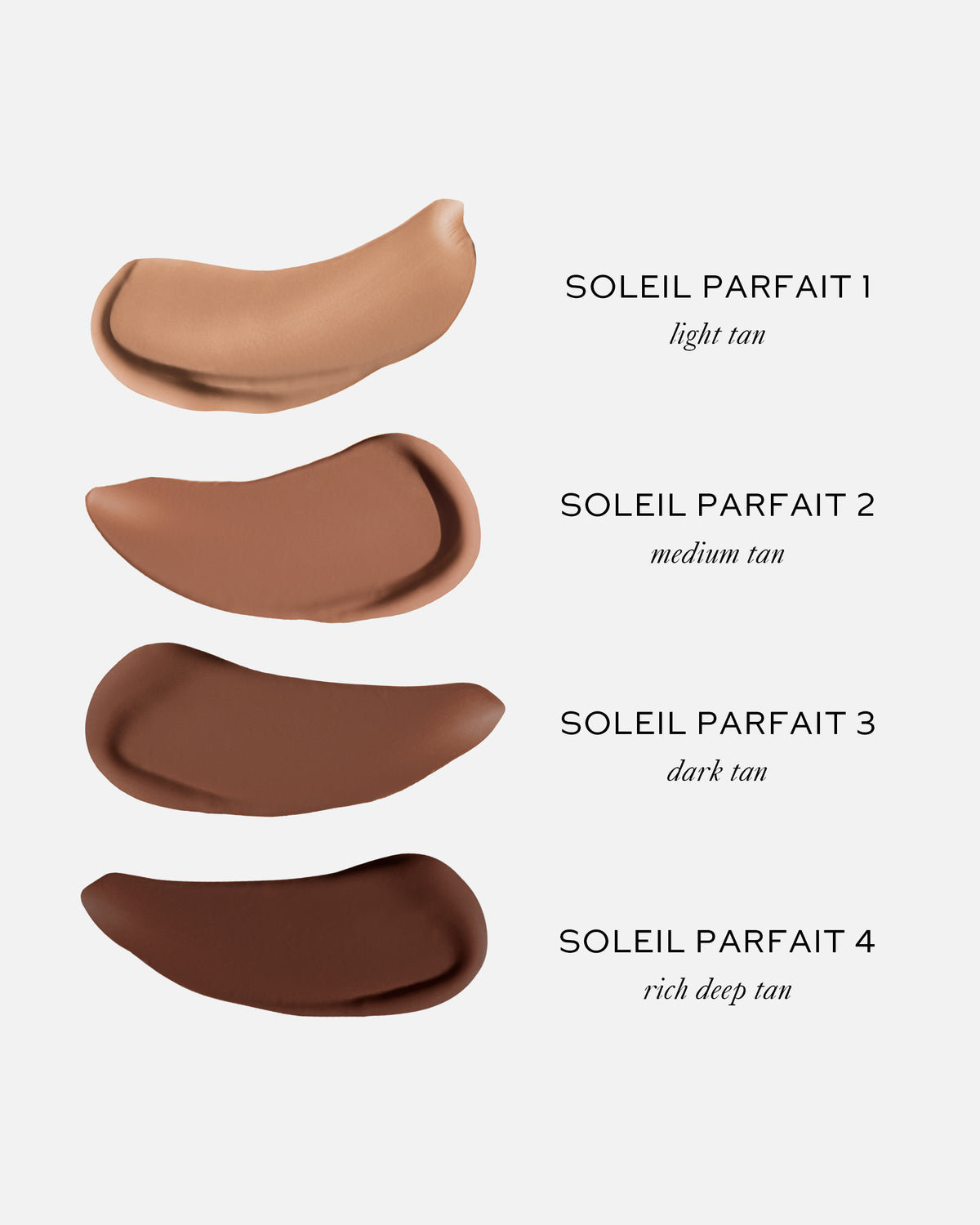 Swatches of the four Sun Tone Bronzing Drops shades on a white background. 