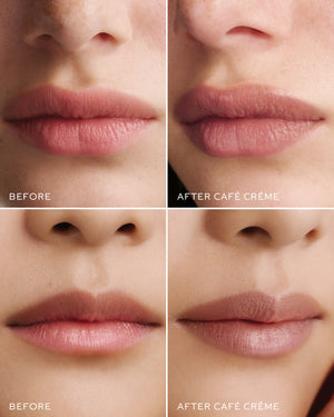 Before and after comparison of lips with 'Café Crème' makeup application.