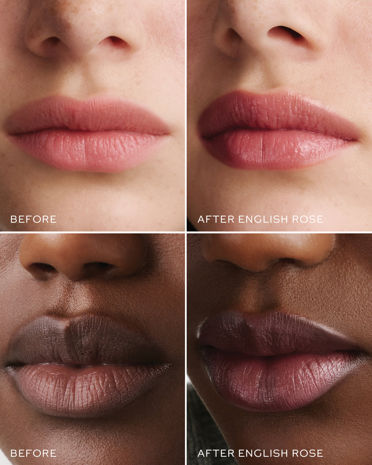Before and after comparison of a lipstick application on different skin tones with 'English Rose' shade.