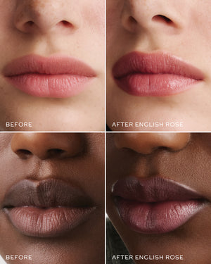 Before and after comparison of a lipstick application on different skin tones with 'English Rose' shade.