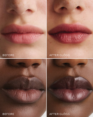 Before and after comparison of lips with a lipstick labeled 'Gloog'.