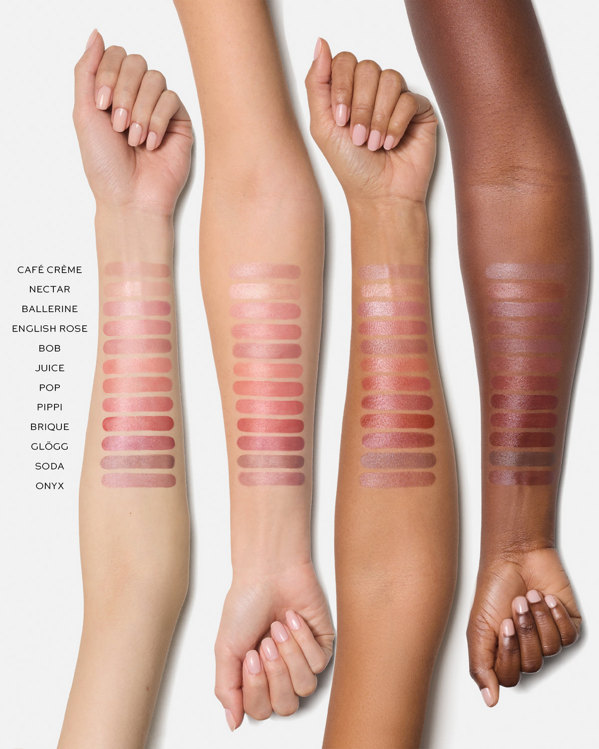 Swatch comparison of HydroBalm on different skin tones with color names.