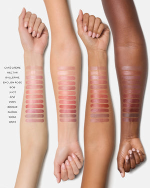 Swatches of lipsticks on three different skin tones with color names.
