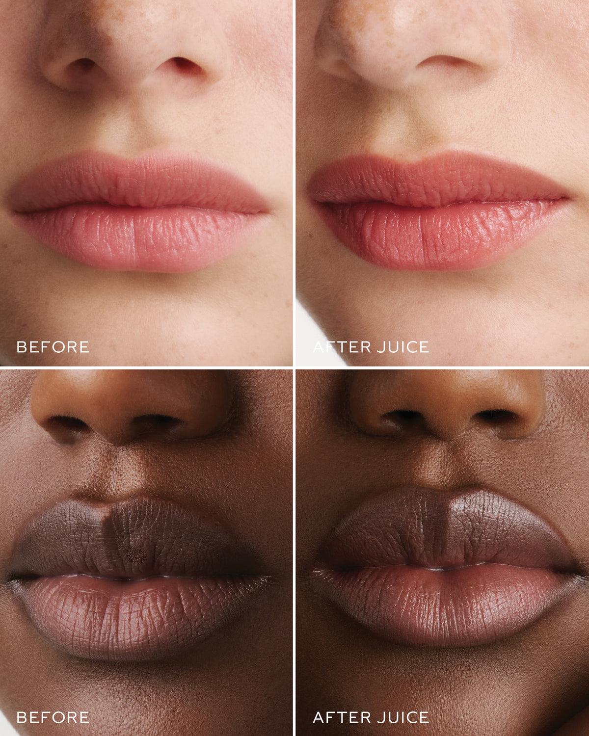 Before and after comparison of lips with a HydroBalm in 'Juice' applied.