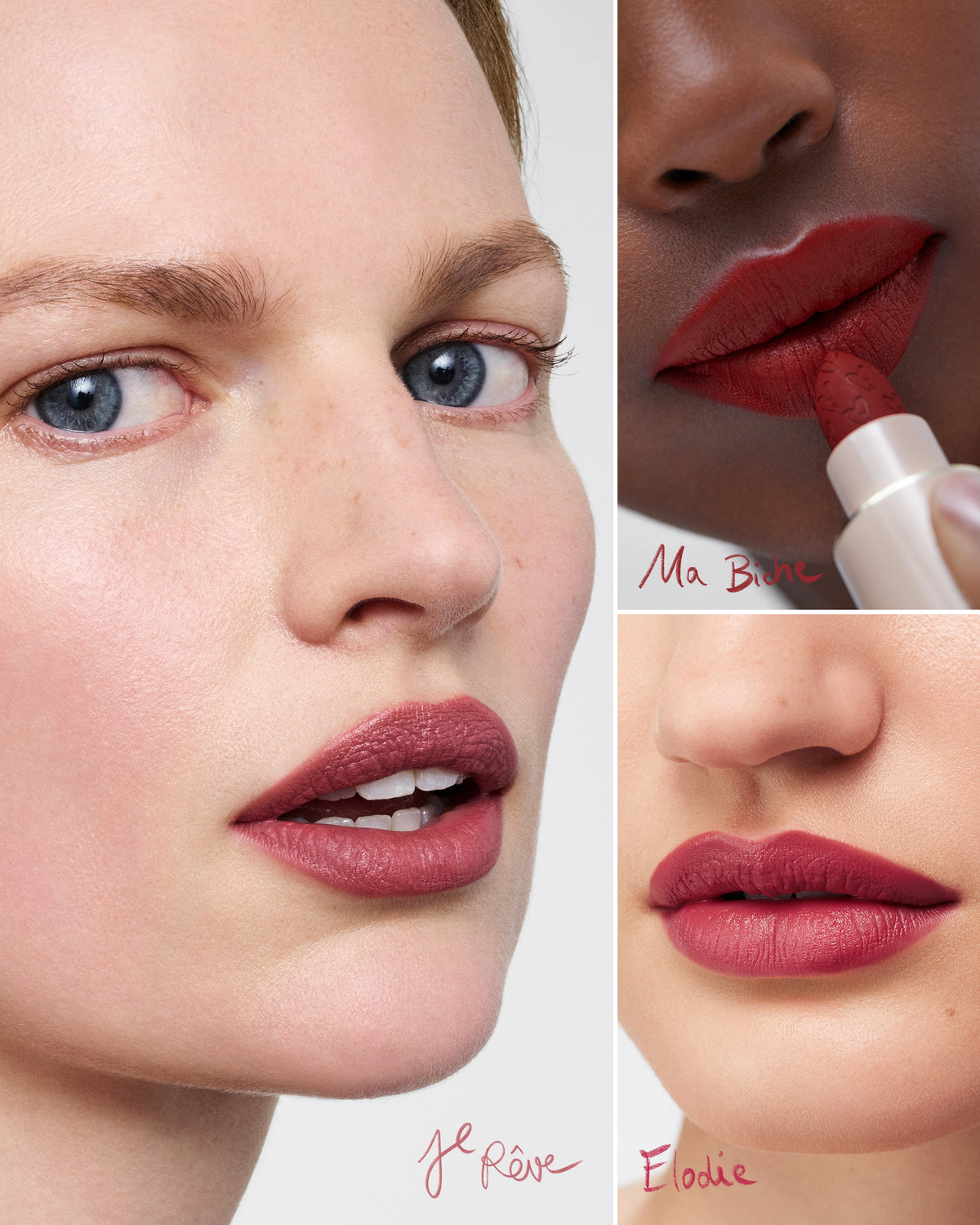 Close-up of a woman applying red lipstick with a brush, showing different shades.