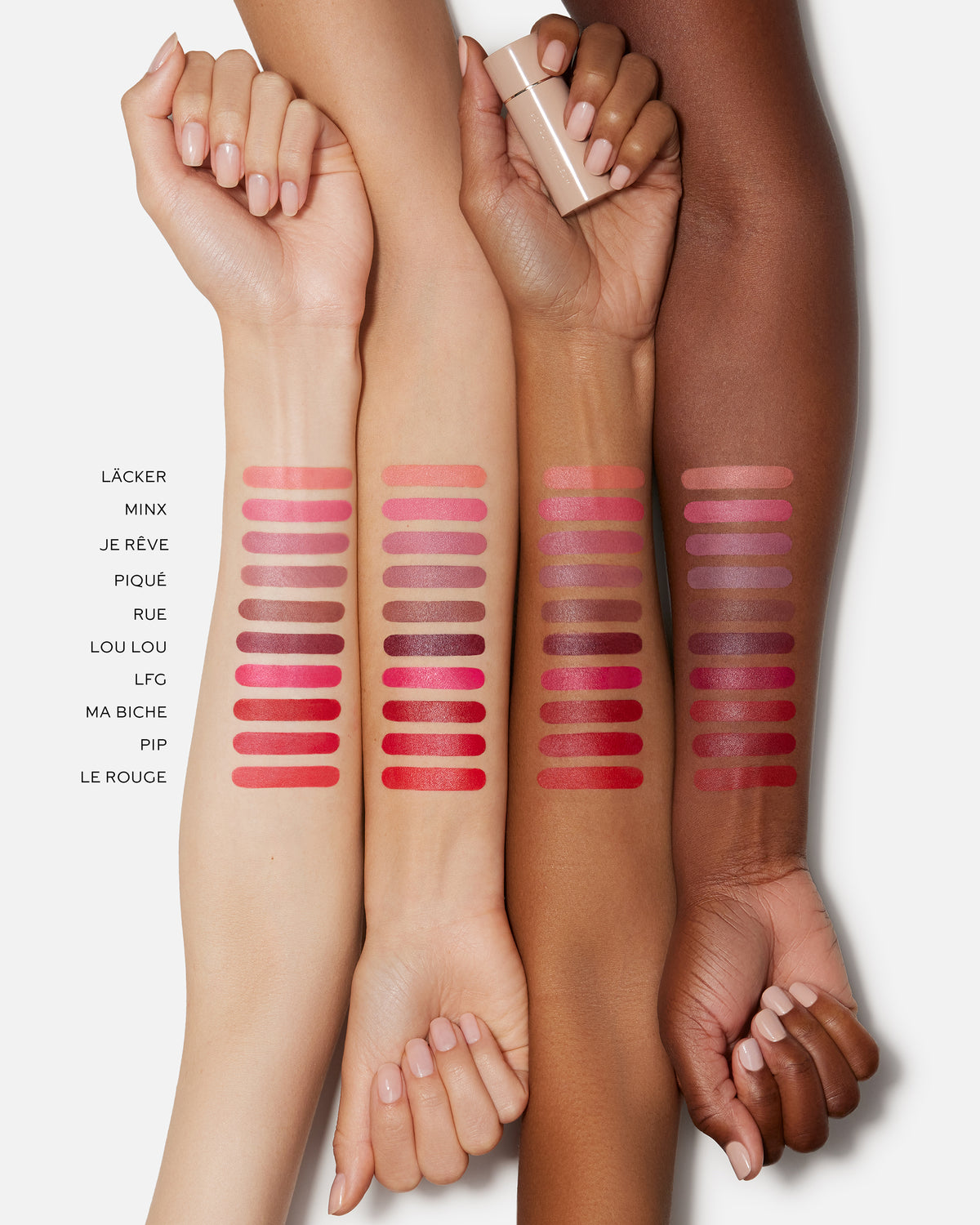 Lipstick swatches on multiple arms with a white background