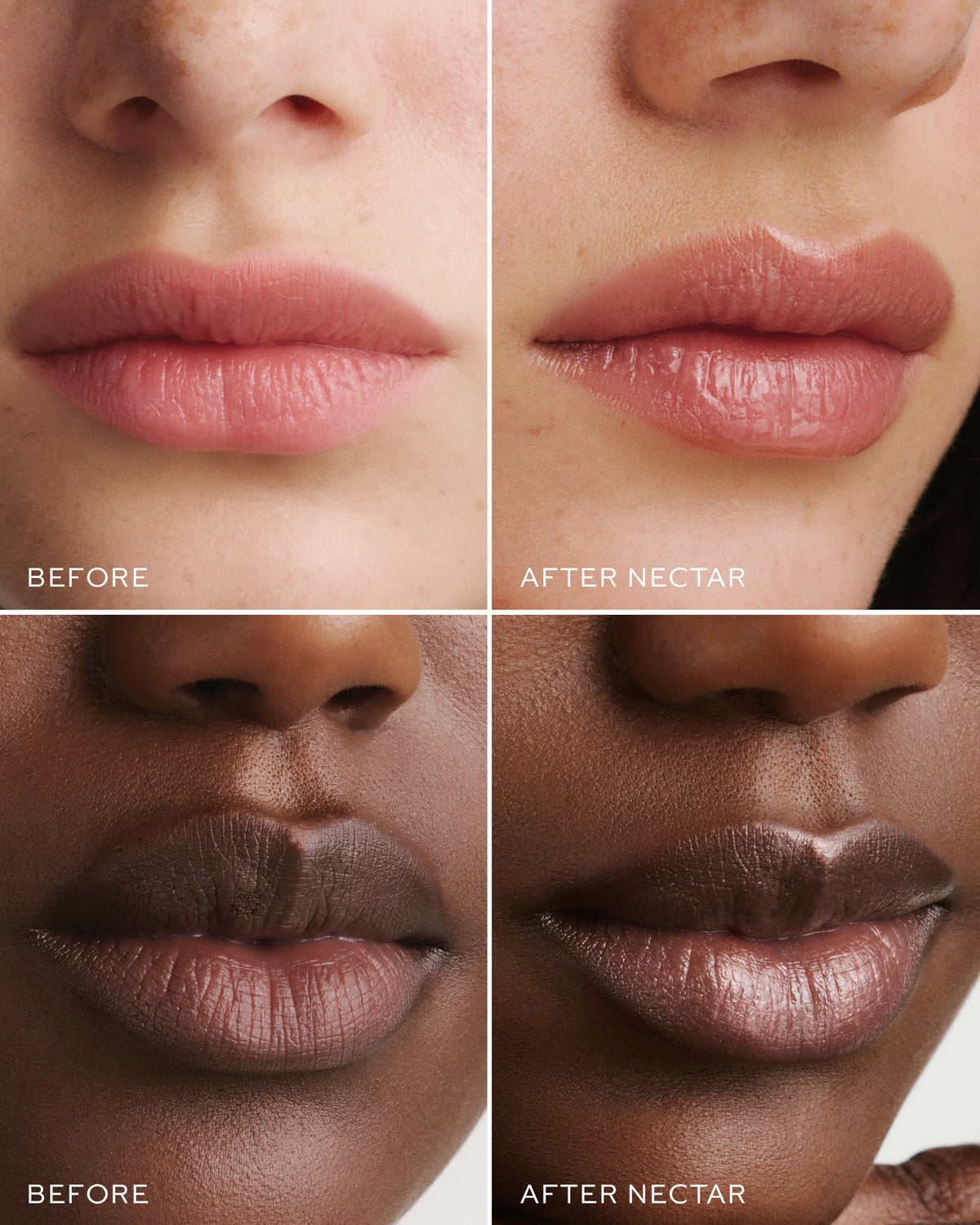 Before and after comparison of lips in 'Nectar' on a neutral background.