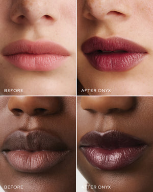 Before and after comparison of "Onyx" lipstick application on different skin tones.