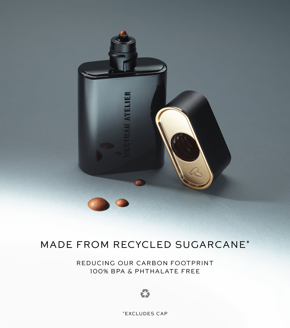 Black container with gold accents on a gray background, featuring text about recycled sugarcane and eco-friendly materials.