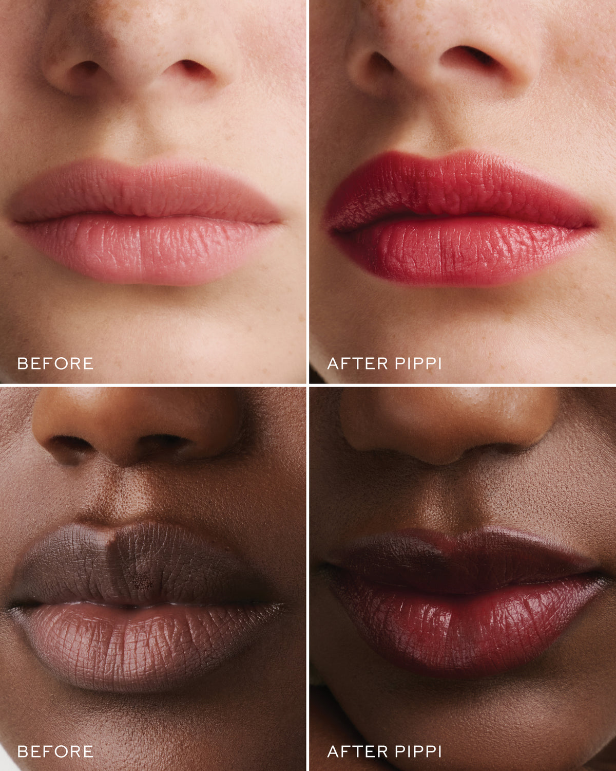 Before and after comparison of lips with a lipstick named 'Pippi'.