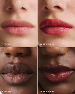 Before and after comparison of lips with a lipstick named 'Pippi'.