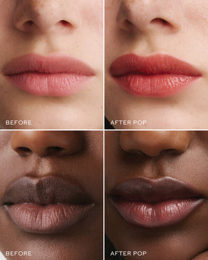 Before and after comparison of lip makeup with 'Pop' product application.