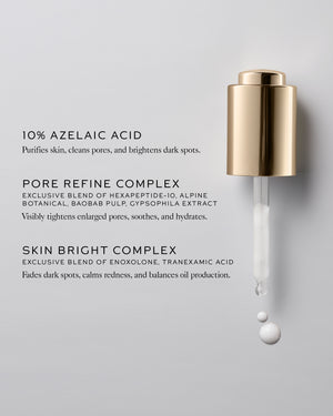 Skincare dropper with text detailing ingredients on a light gray background