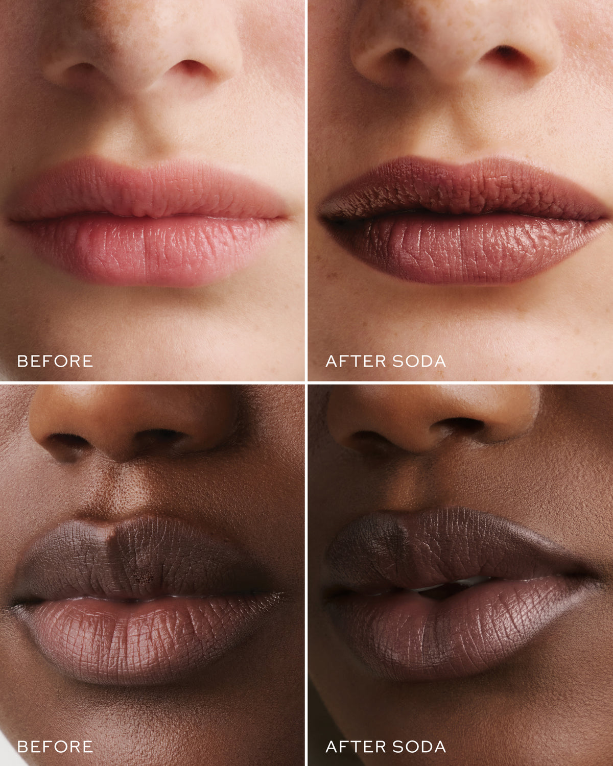Before and after comparison of lips with 'Soda' lipstick application.