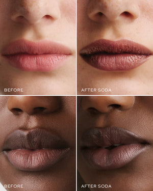 Before and after comparison of lips with 'Soda' lipstick application.